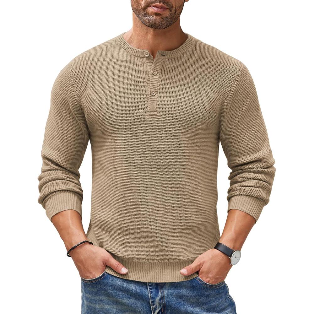 imageCOOFANDY Mens Henley Knit Sweater Long Sleeve Button Pullover Sweater Casual Waffle Texture Fashion Henley SweaterKhaki