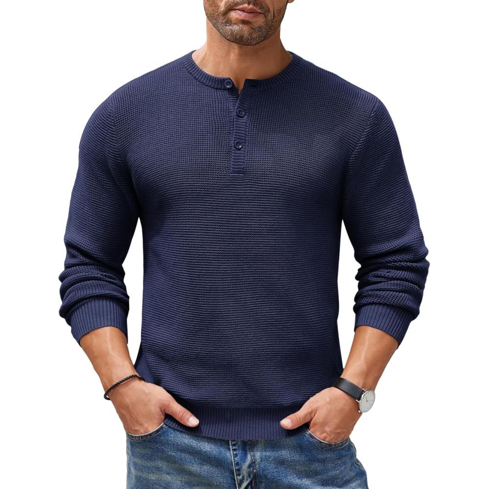 imageCOOFANDY Mens Henley Knit Sweater Long Sleeve Button Pullover Sweater Casual Waffle Texture Fashion Henley SweaterNavy Blue