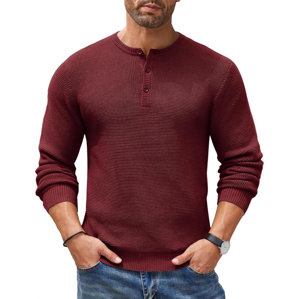 imageCOOFANDY Mens Henley Knit Sweater Long Sleeve Button Pullover Sweater Casual Waffle Texture Fashion Henley SweaterWine Red