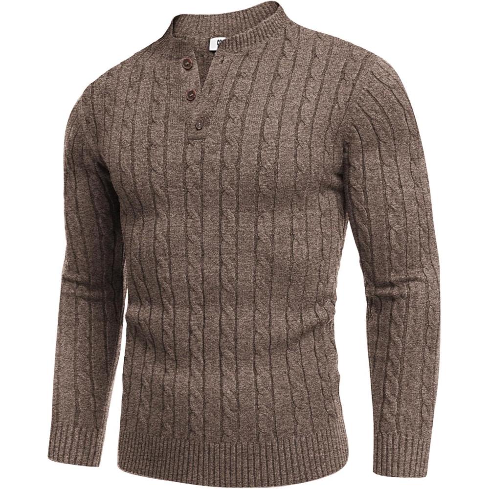 imageCOOFANDY Mens Henley Knit Sweater Long Sleeve MidWeight Soft Pullover Shirt with Chest PocketBrown and White