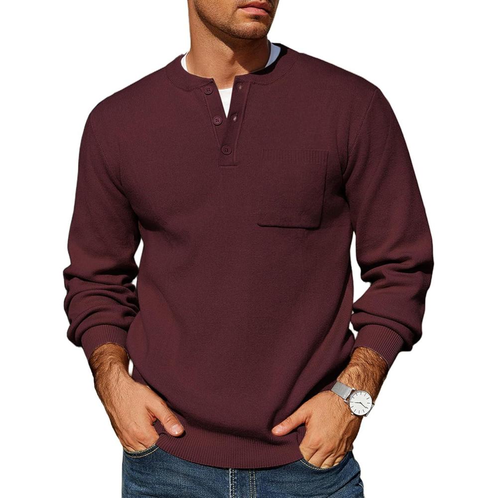 imageCOOFANDY Mens Henley Knit Sweater Long Sleeve MidWeight Soft Pullover Shirt with Chest PocketDeep Red