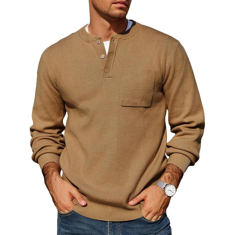 imageCOOFANDY Mens Henley Knit Sweater Long Sleeve MidWeight Soft Pullover Shirt with Chest PocketLight Brown