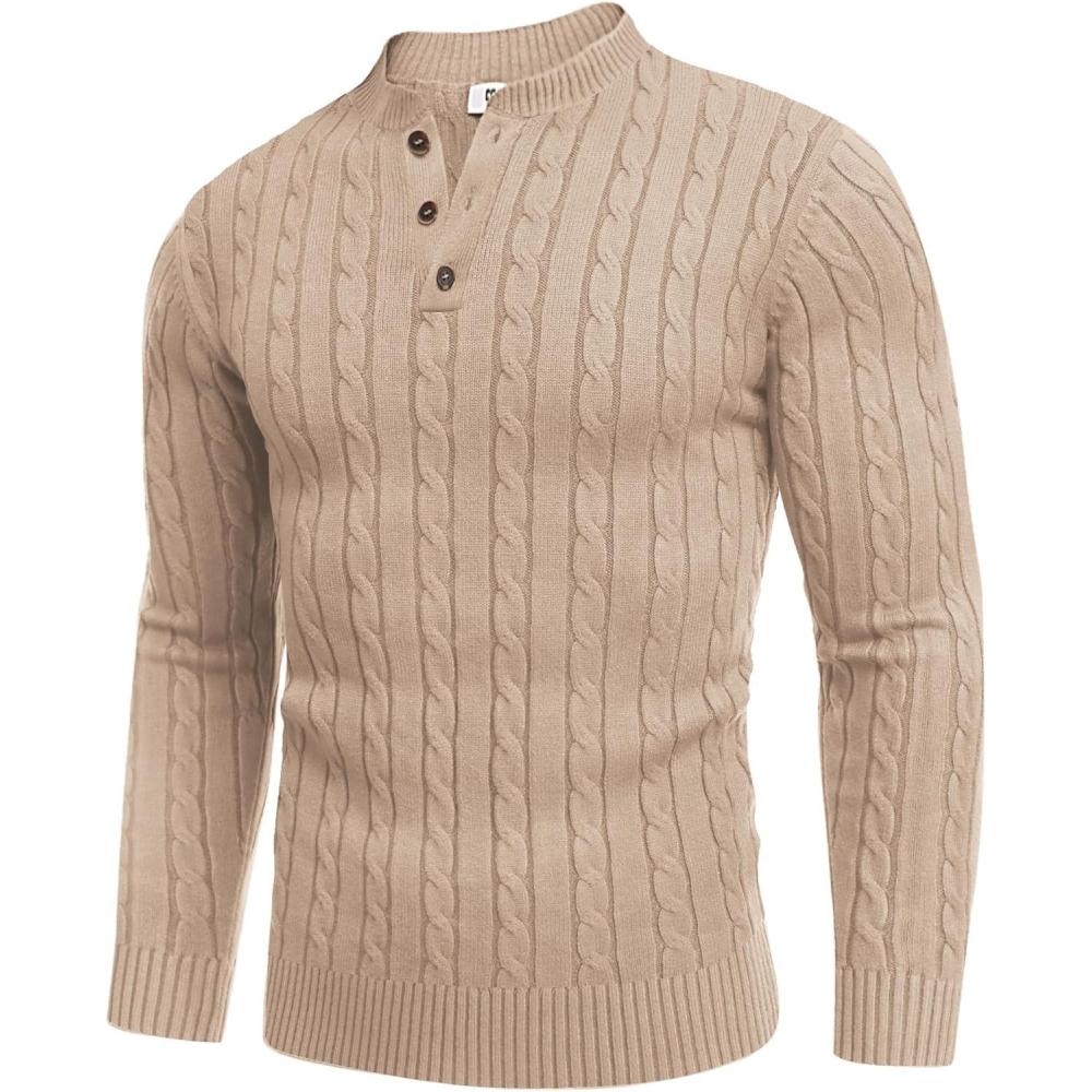 imageCOOFANDY Mens Henley Knit Sweater Long Sleeve MidWeight Soft Pullover Shirt with Chest PocketLight Khaki
