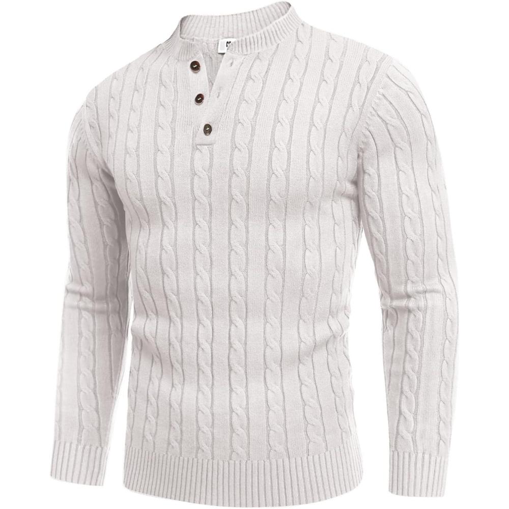 imageCOOFANDY Mens Henley Knit Sweater Long Sleeve MidWeight Soft Pullover Shirt with Chest PocketWhite