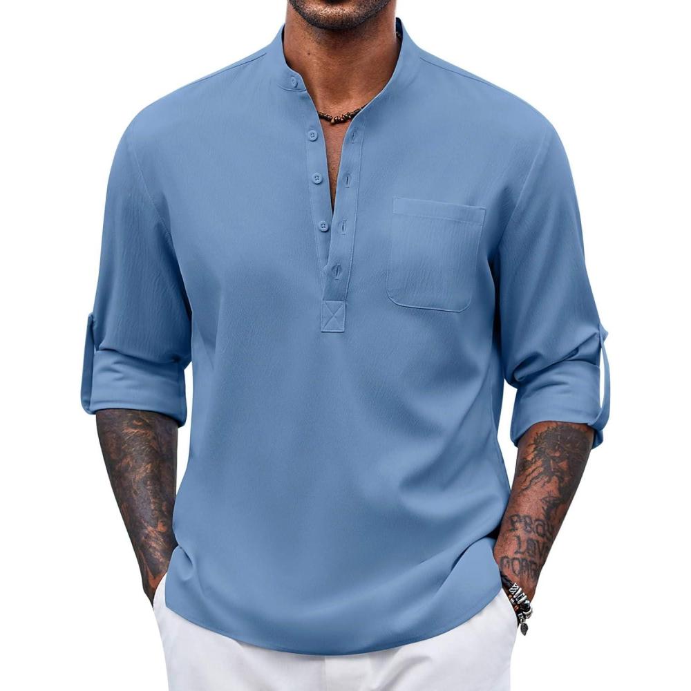 imageCOOFANDY Mens Henley Shirt Long Sleeve Lightweight Casual TShirt Summer Beach Hippie Tee ShirtBlue