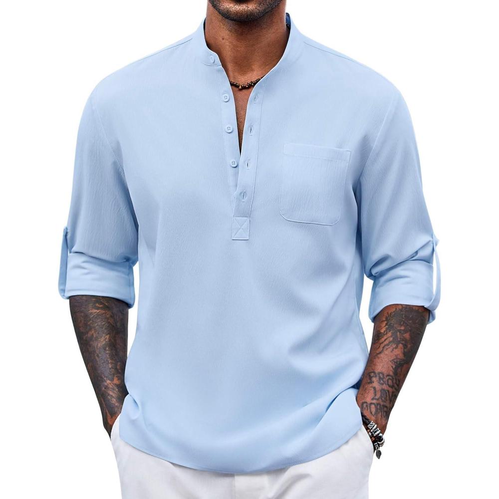 imageCOOFANDY Mens Henley Shirt Long Sleeve Lightweight Casual TShirt Summer Beach Hippie Tee ShirtLight Blue