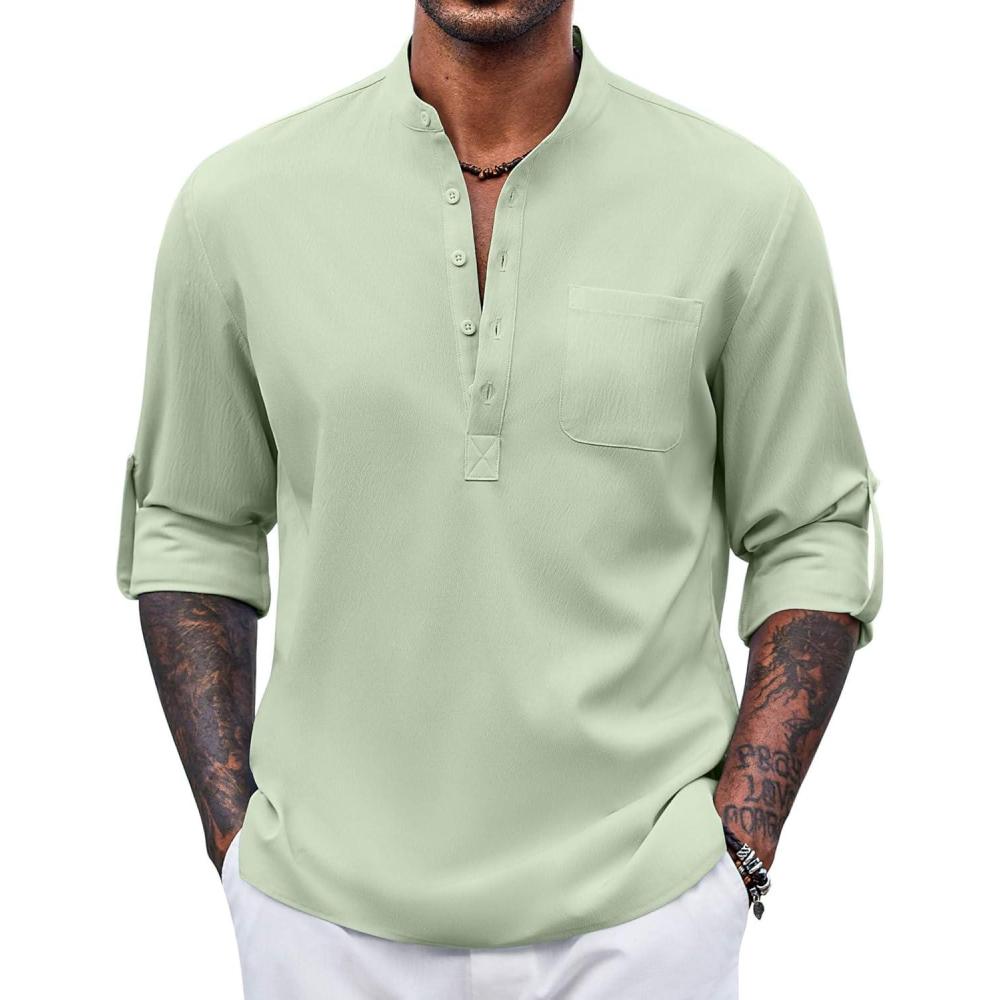 imageCOOFANDY Mens Henley Shirt Long Sleeve Lightweight Casual TShirt Summer Beach Hippie Tee ShirtLight Green