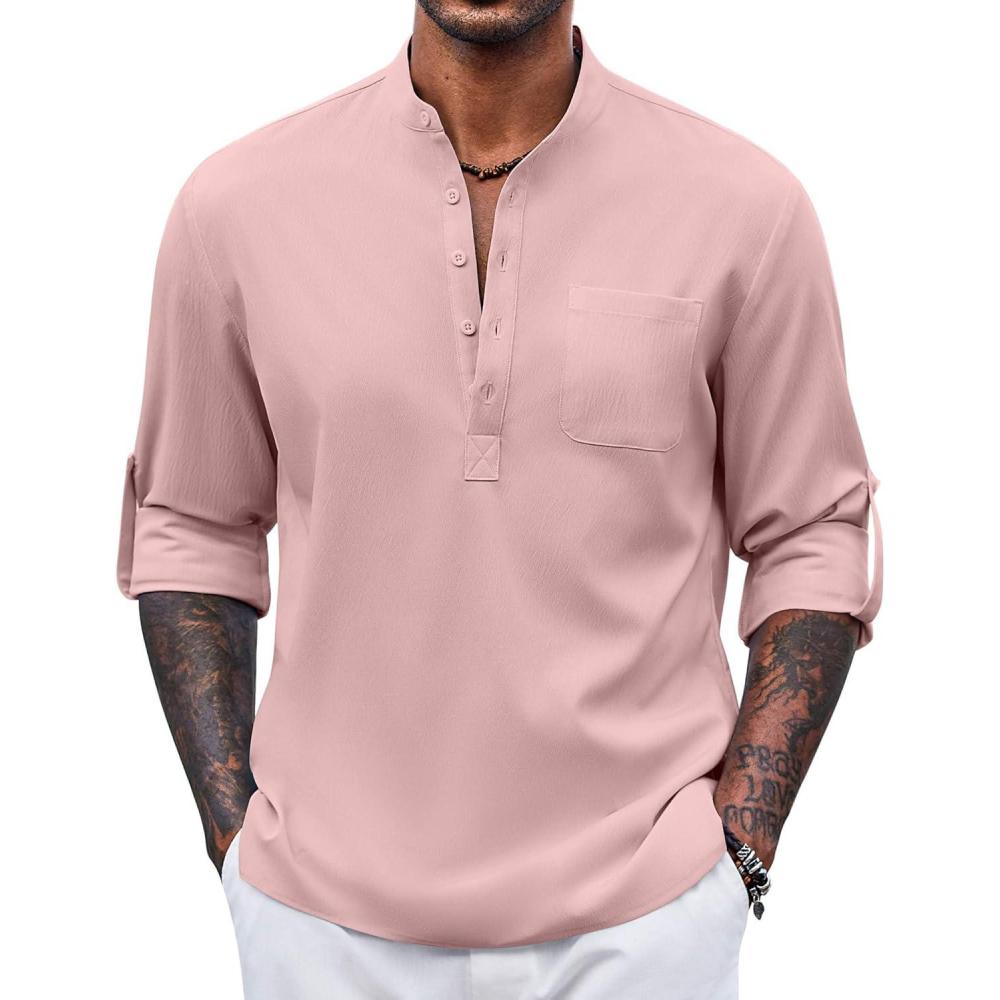 imageCOOFANDY Mens Henley Shirt Long Sleeve Lightweight Casual TShirt Summer Beach Hippie Tee ShirtPink