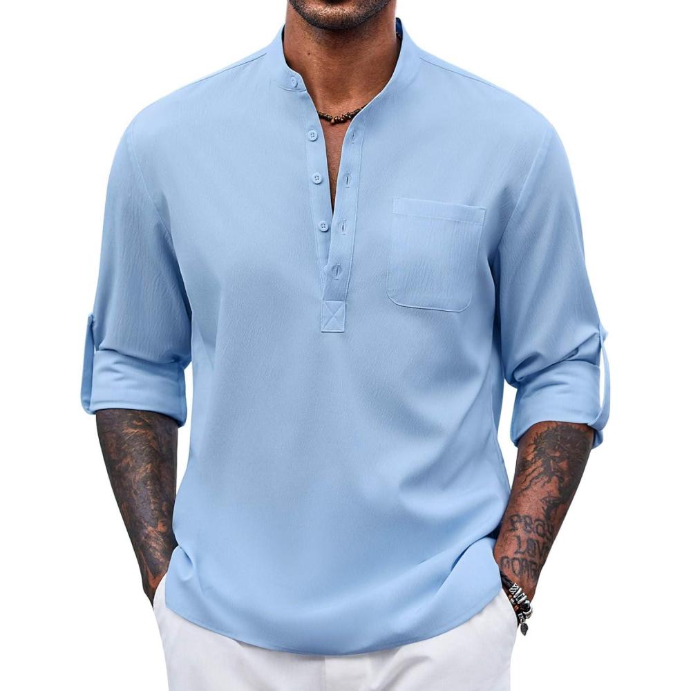 imageCOOFANDY Mens Henley Shirt Long Sleeve Lightweight Casual TShirt Summer Beach Hippie Tee ShirtSky Blue