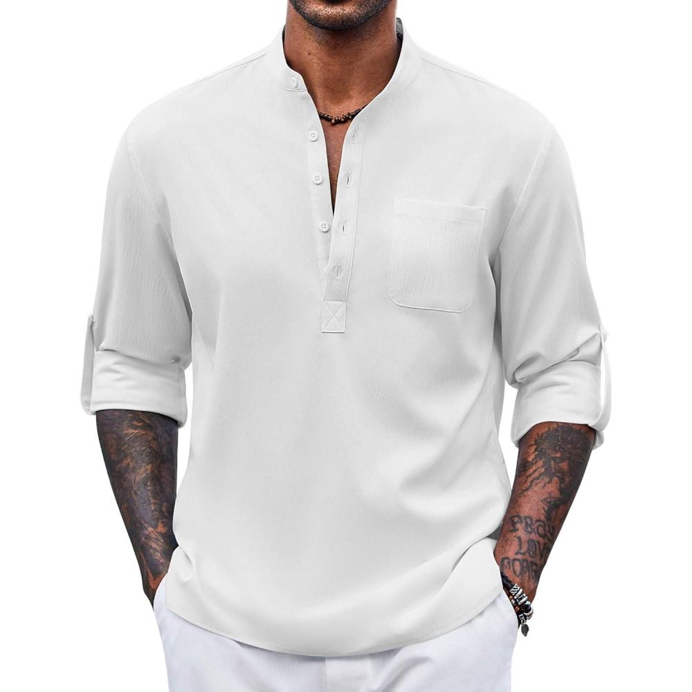 imageCOOFANDY Mens Henley Shirt Long Sleeve Lightweight Casual TShirt Summer Beach Hippie Tee ShirtWhite
