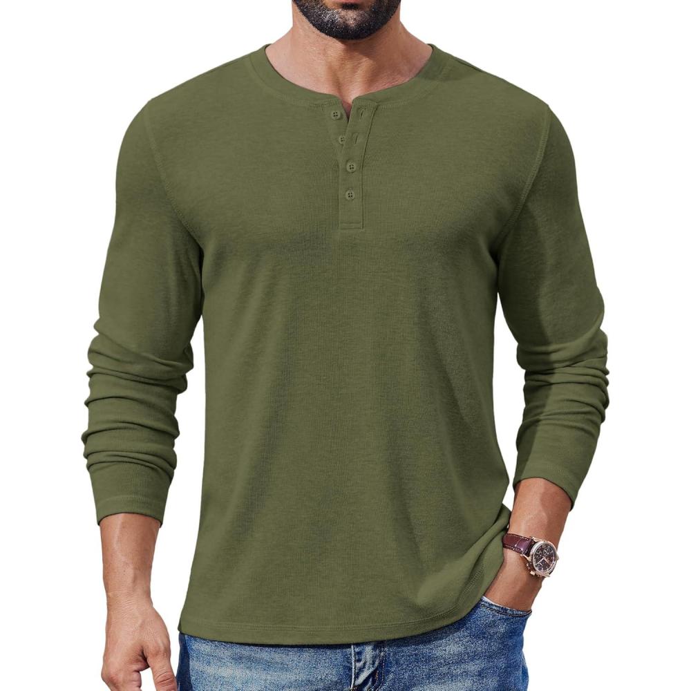 imageCOOFANDY Mens Henley Shirts Long Sleeve Lightweight Buttons TShirts Casual Basic Pullover TopArmy Green