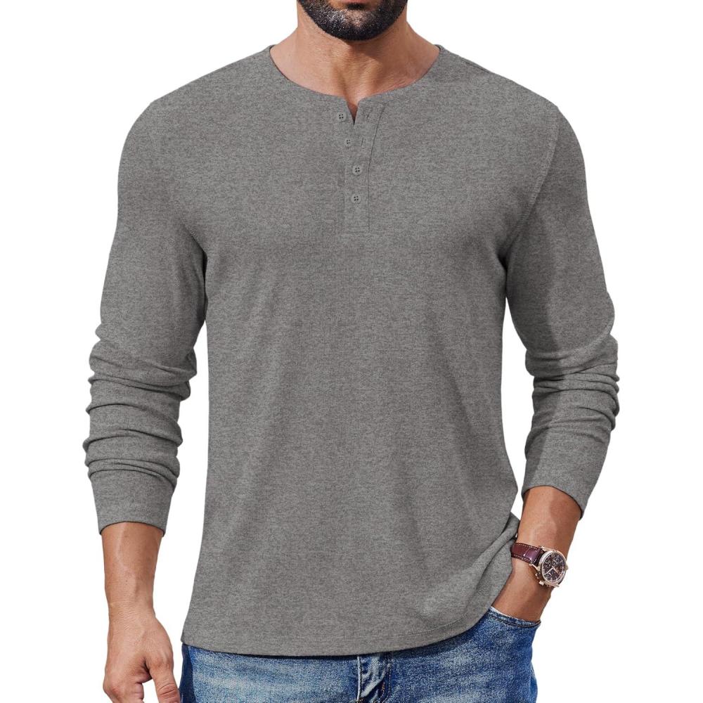 imageCOOFANDY Mens Henley Shirts Long Sleeve Lightweight Buttons TShirts Casual Basic Pullover TopGray