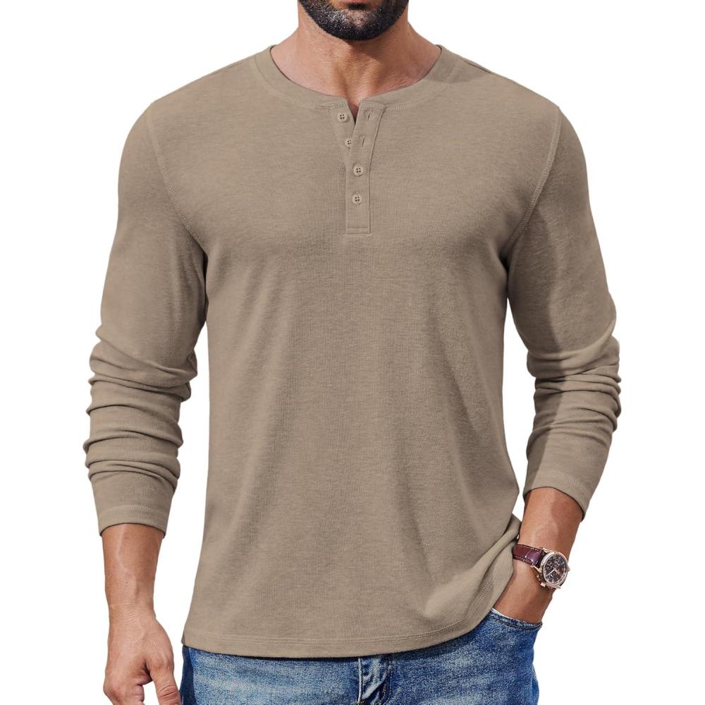 imageCOOFANDY Mens Henley Shirts Long Sleeve Lightweight Buttons TShirts Casual Basic Pullover TopKhaki