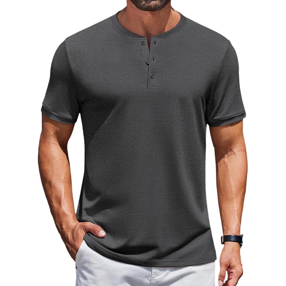 imageCOOFANDY Mens Henley Shirts Short Sleeve Casual Summer Basic Tee Solid Button TShirtsDark Grey