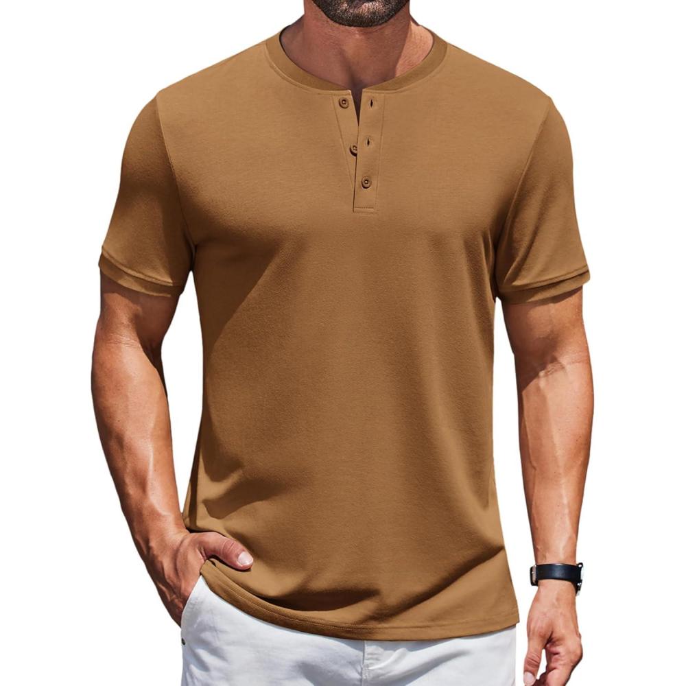 imageCOOFANDY Mens Henley Shirts Short Sleeve Casual Summer Basic Tee Solid Button TShirtsLight Brown