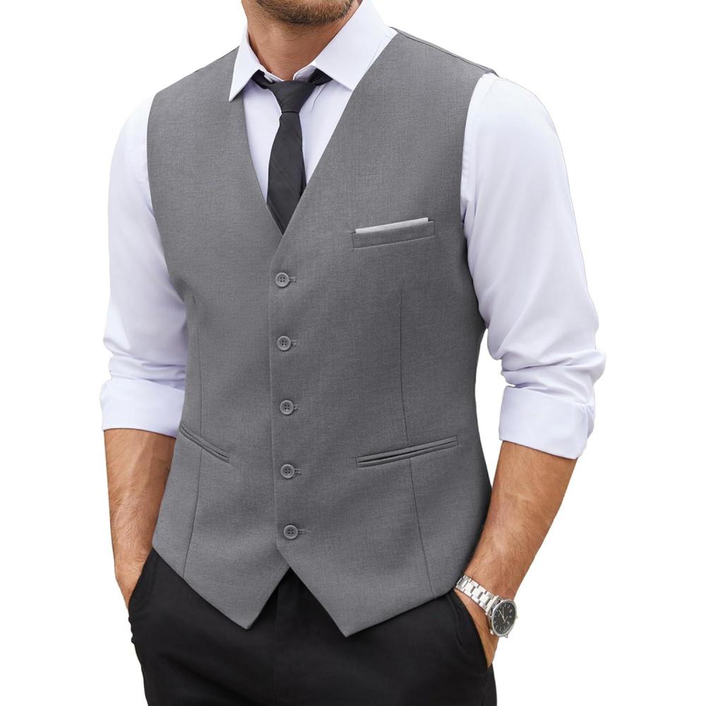 imageCOOFANDY Mens Herringbone Tweed Suit Vests Slim Fit Waistcoat Casual Business Dress VestLight Grey