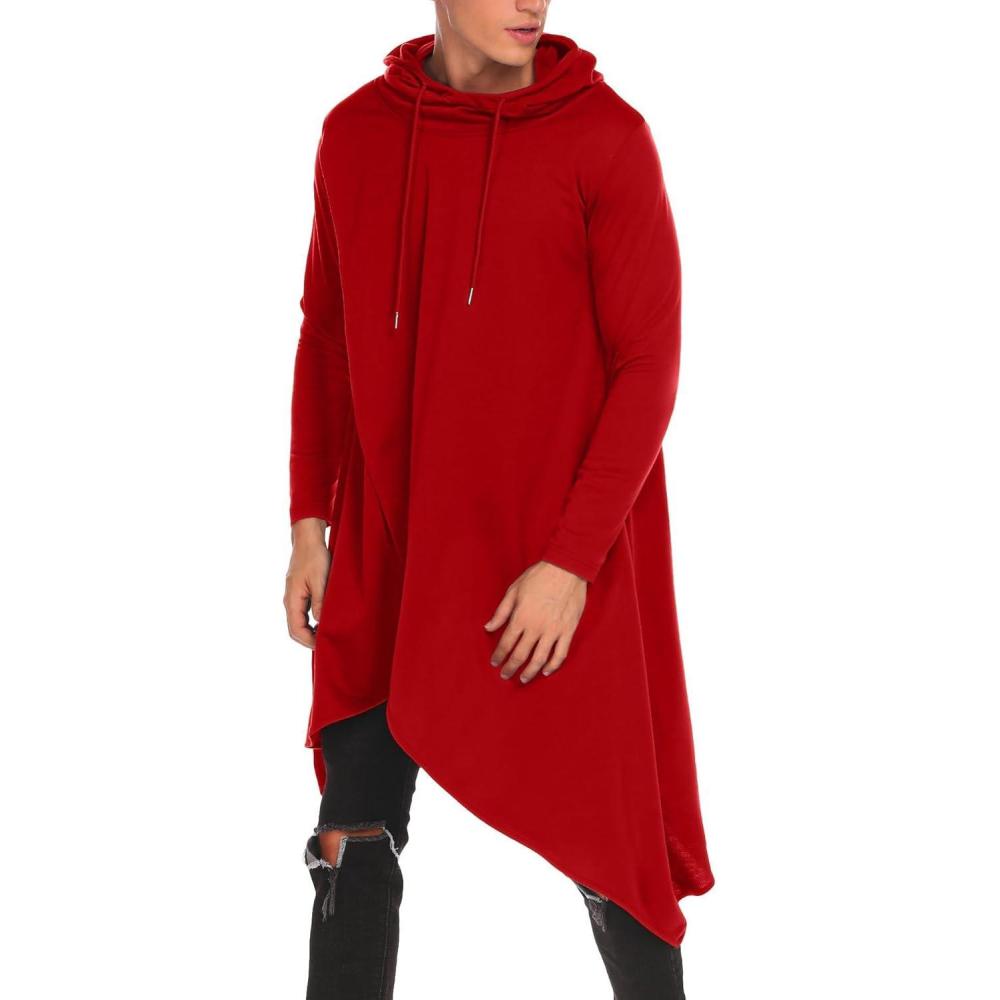 imageCOOFANDY Mens Hooded Poncho Cape Cloak Casual Asymmetric Hem Hoodie SweatshirtsRed