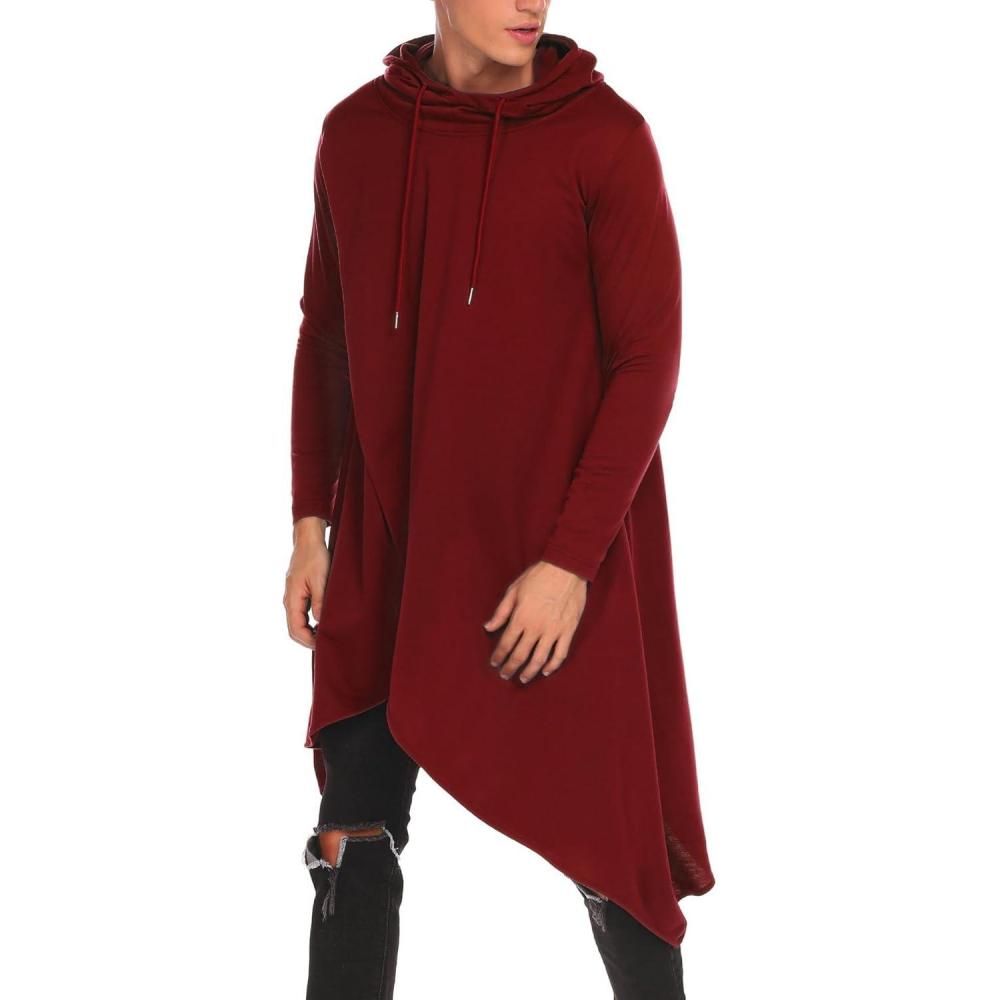 imageCOOFANDY Mens Hooded Poncho Cape Cloak Casual Asymmetric Hem Hoodie SweatshirtsWine Red