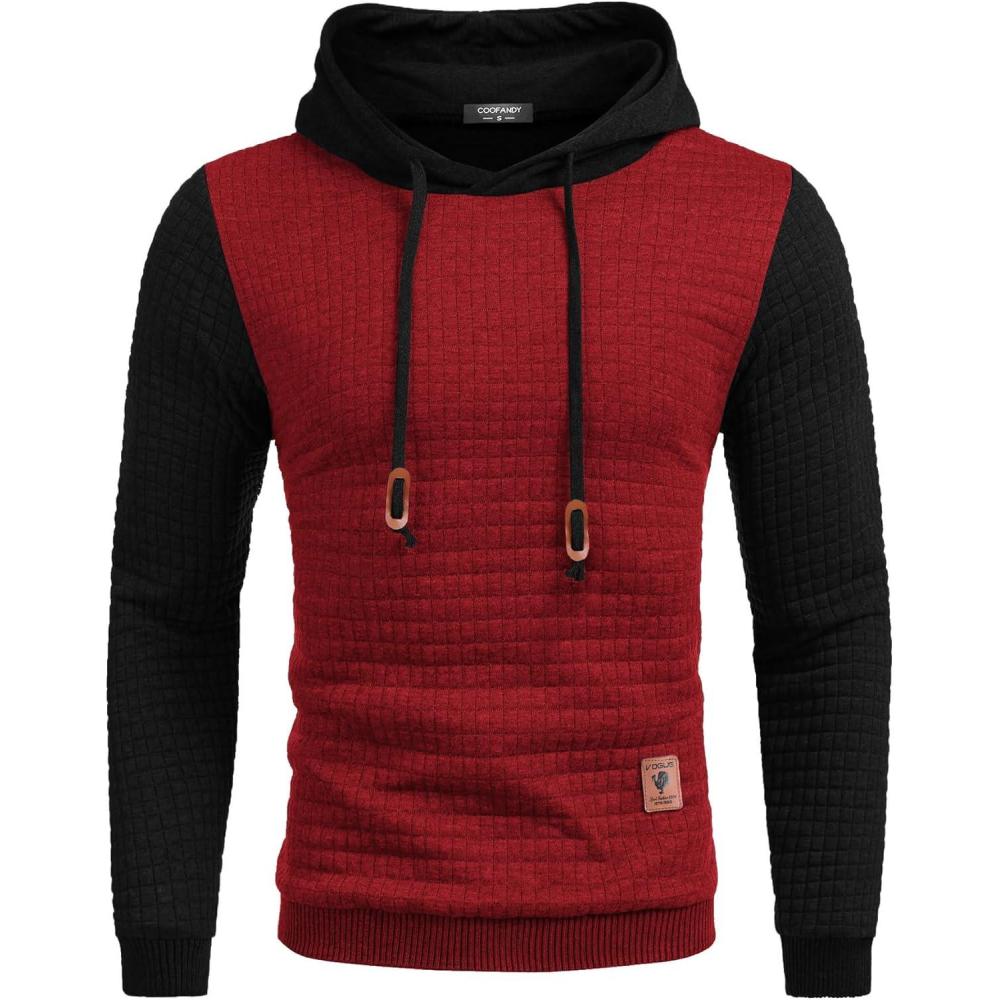 imageCOOFANDY Mens Hooded Sweatshirt Casual Long Sleeve Drawstring Waffle Knit Pullover HoodiesPat 1redblack