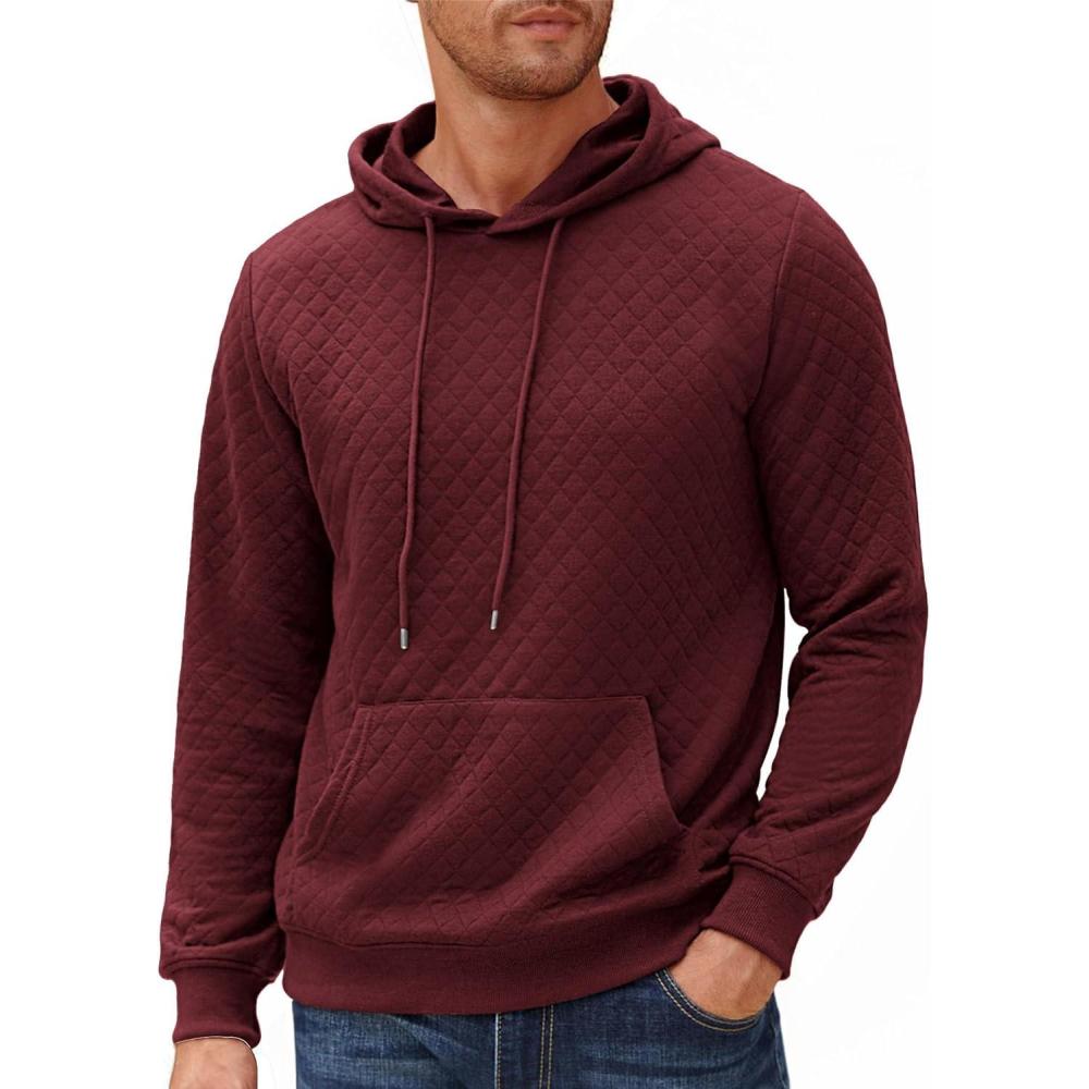imageCOOFANDY Mens Hooded Sweatshirt Long Sleeve Quilted Sweatshirt Casual Fashion Pullover Hoodies with PocketWine Red