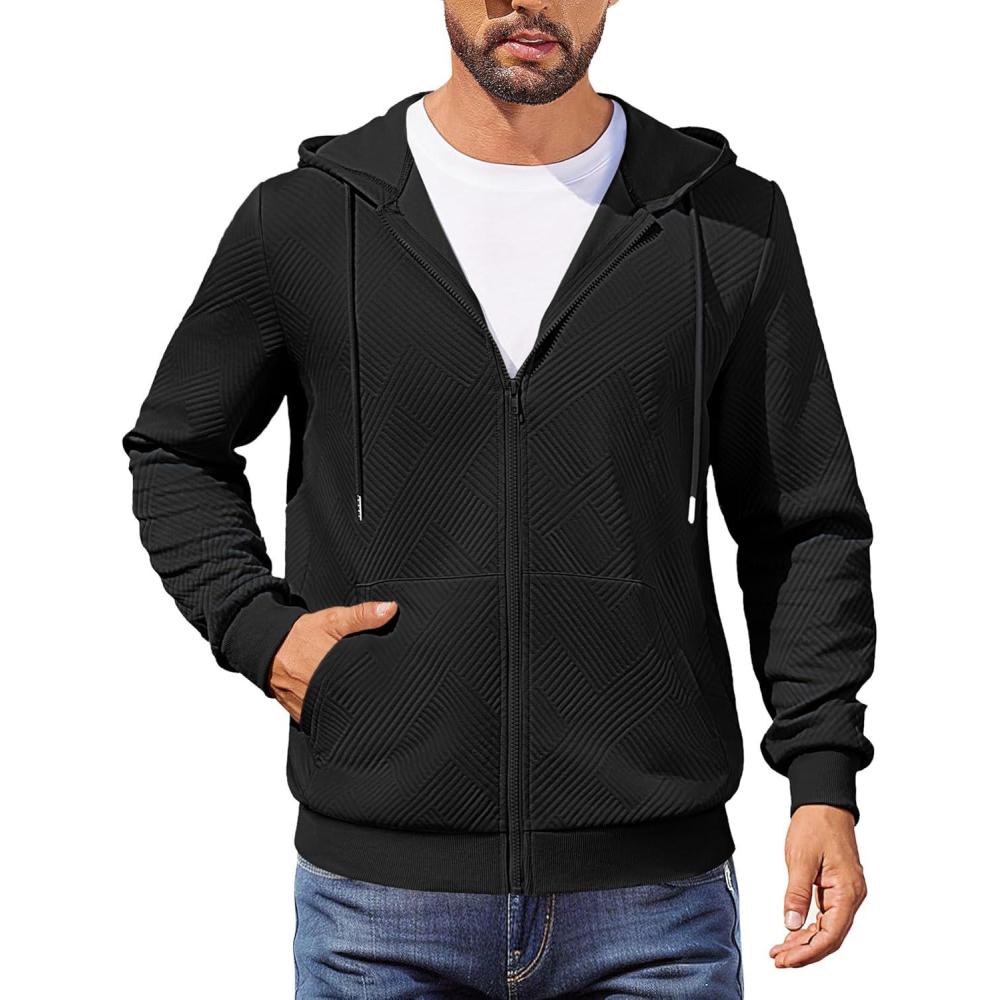imageCOOFANDY Mens Hooded Sweatshirt Zip Up Casual Knit Hoodies Fashion Drawstring Sweatshirts with PocketsBlack