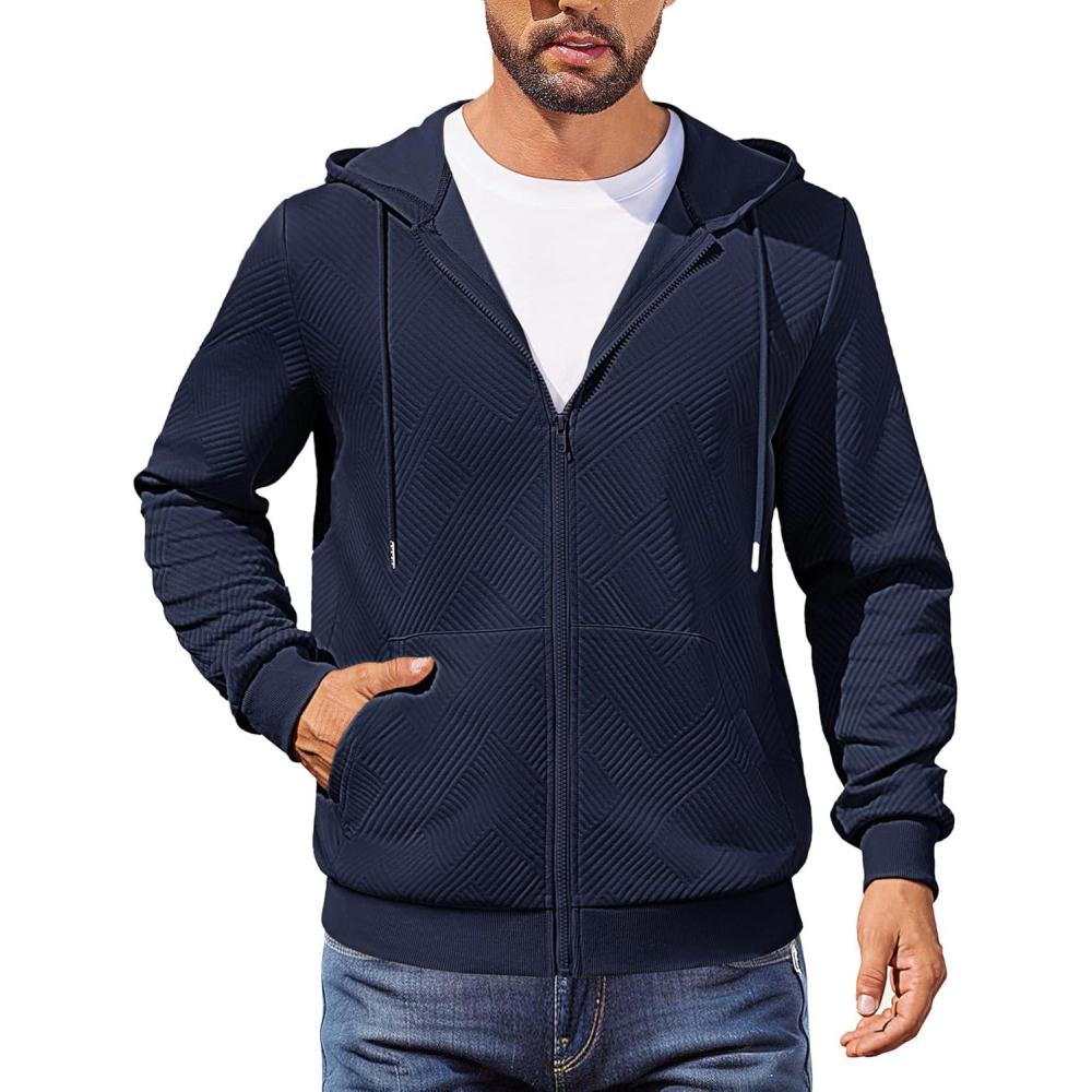 imageCOOFANDY Mens Hooded Sweatshirt Zip Up Casual Knit Hoodies Fashion Drawstring Sweatshirts with PocketsNavy Blue