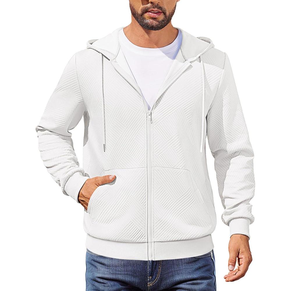 imageCOOFANDY Mens Hooded Sweatshirt Zip Up Casual Knit Hoodies Fashion Drawstring Sweatshirts with PocketsWhite