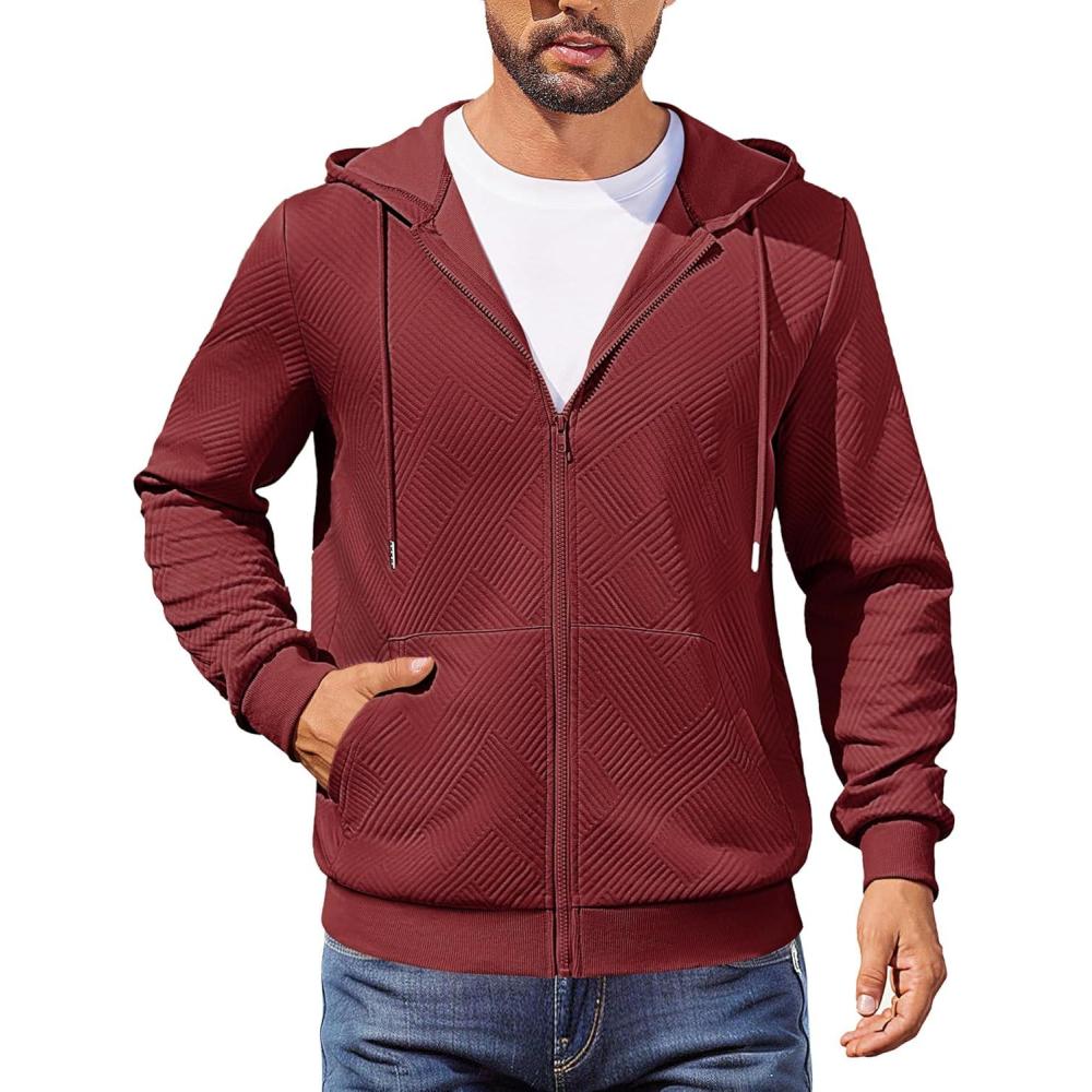 imageCOOFANDY Mens Hooded Sweatshirt Zip Up Casual Knit Hoodies Fashion Drawstring Sweatshirts with PocketsWine Red
