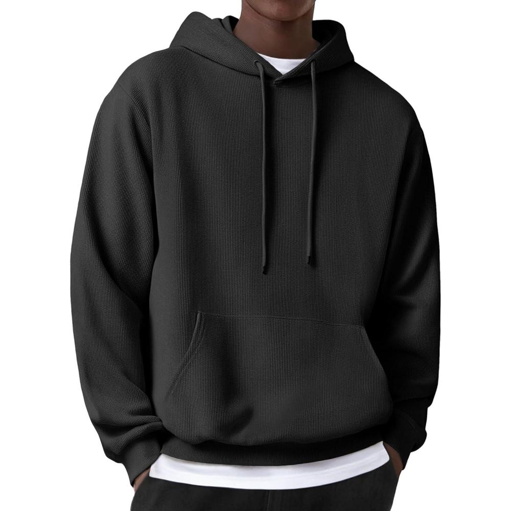 imageCOOFANDY Mens Hooded Sweatshirts Long Sleeve Casual Pullover Hoodie Waffle Knit Sweatshirt with PocketBlack