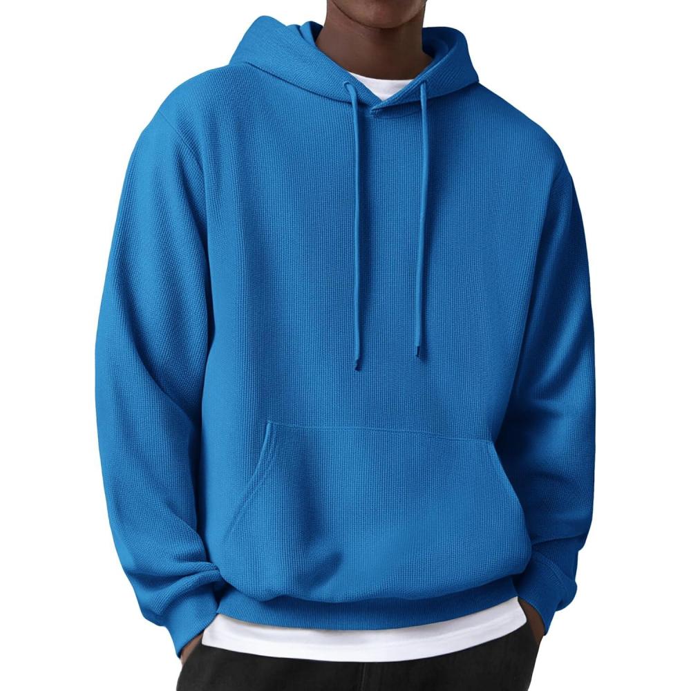 imageCOOFANDY Mens Hooded Sweatshirts Long Sleeve Casual Pullover Hoodie Waffle Knit Sweatshirt with PocketBlue