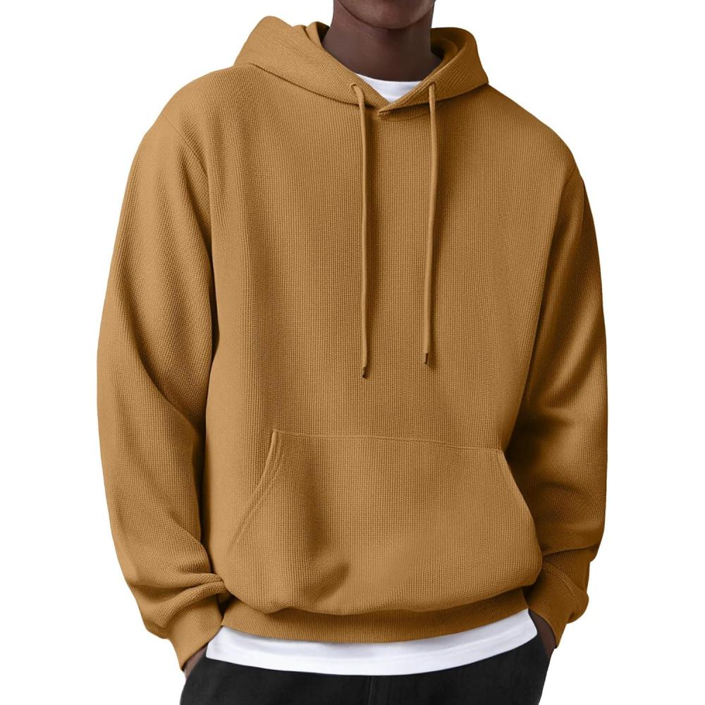 imageCOOFANDY Mens Hooded Sweatshirts Long Sleeve Casual Pullover Hoodie Waffle Knit Sweatshirt with PocketLight Brown