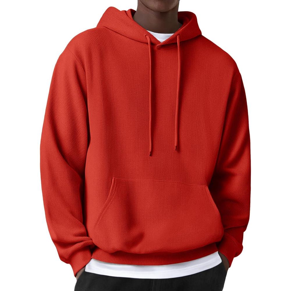 imageCOOFANDY Mens Hooded Sweatshirts Long Sleeve Casual Pullover Hoodie Waffle Knit Sweatshirt with PocketRed