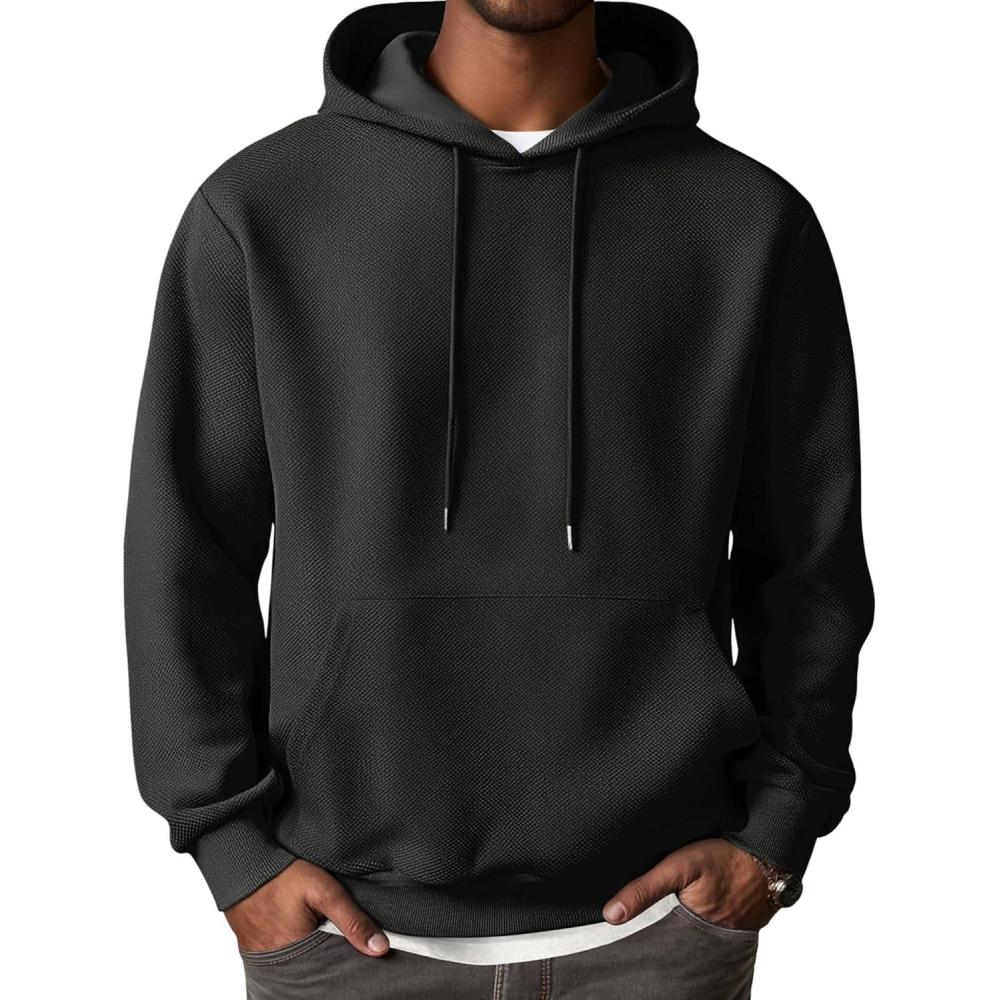imageCOOFANDY Mens Hooded Sweatshirts Long Sleeve Casual Waffle Knit Pullover Hoodies with Kanga PocketBlack