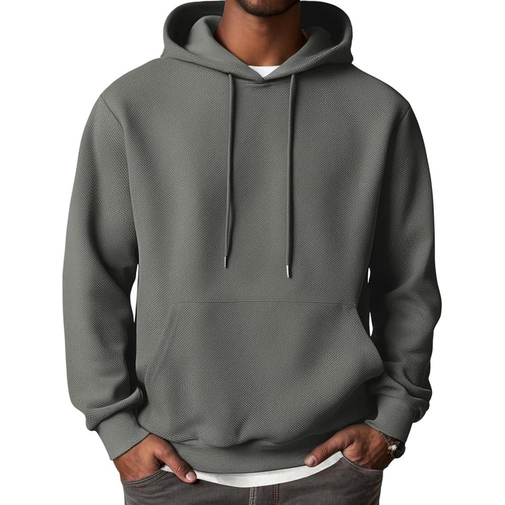 imageCOOFANDY Mens Hooded Sweatshirts Long Sleeve Casual Waffle Knit Pullover Hoodies with Kanga PocketDark Grey