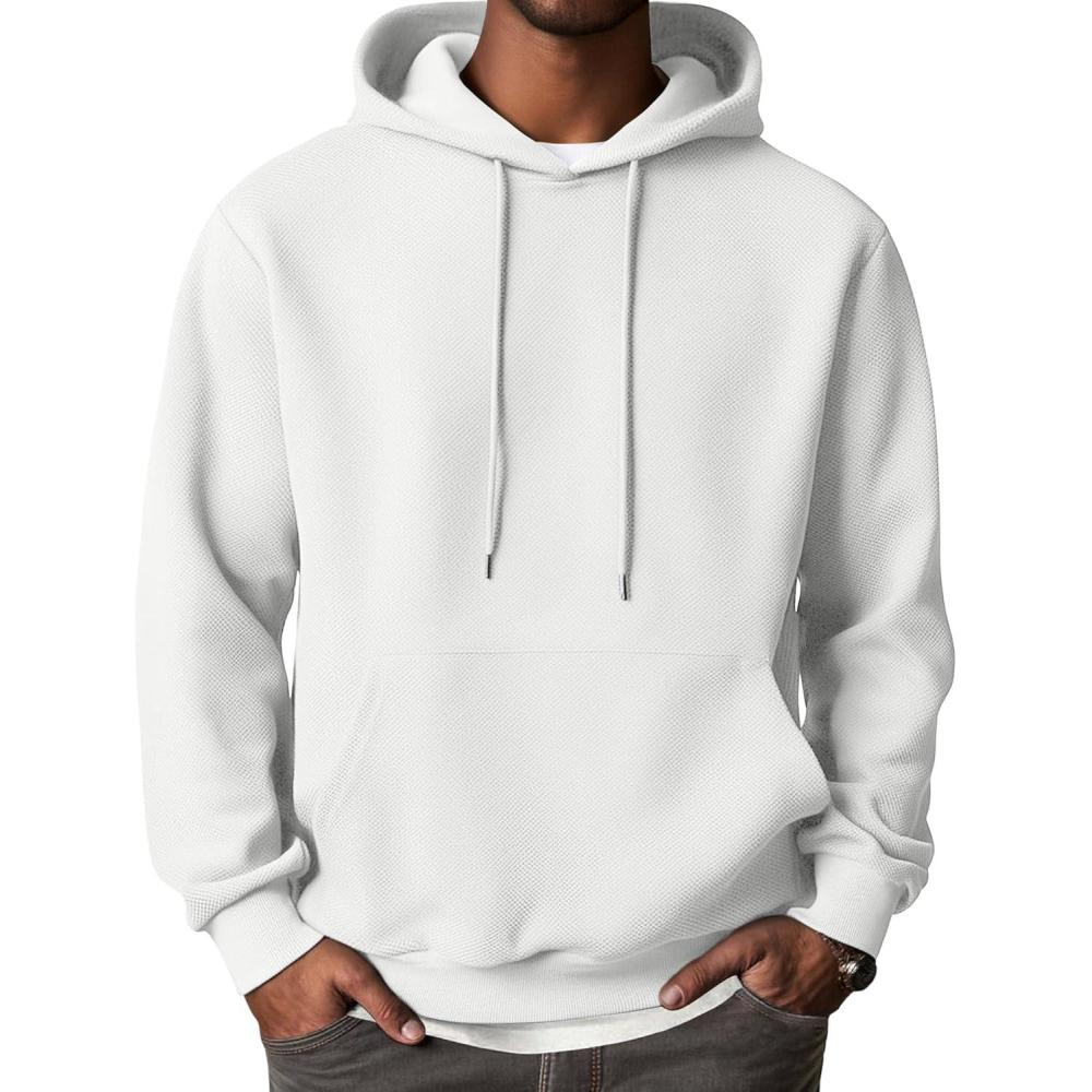 imageCOOFANDY Mens Hooded Sweatshirts Long Sleeve Casual Waffle Knit Pullover Hoodies with Kanga PocketWhite