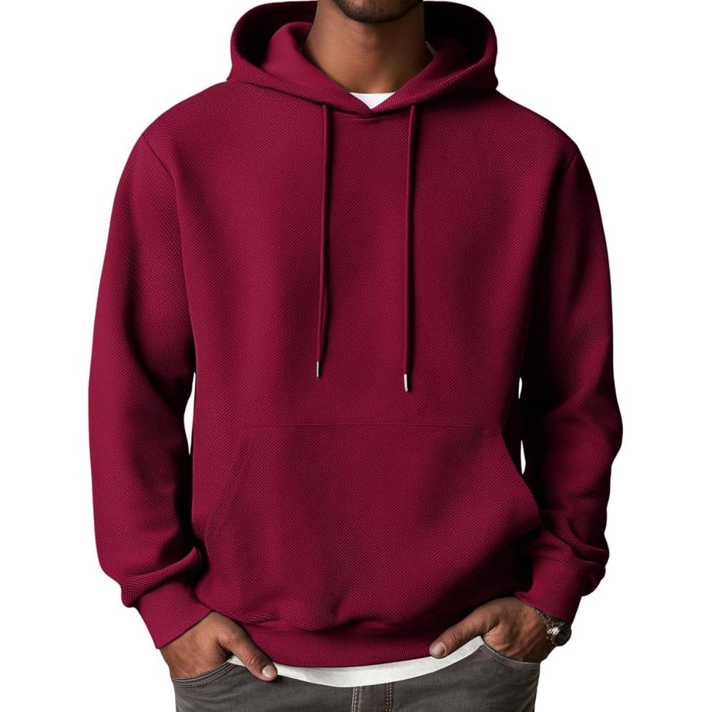 imageCOOFANDY Mens Hooded Sweatshirts Long Sleeve Casual Waffle Knit Pullover Hoodies with Kanga PocketWine Red