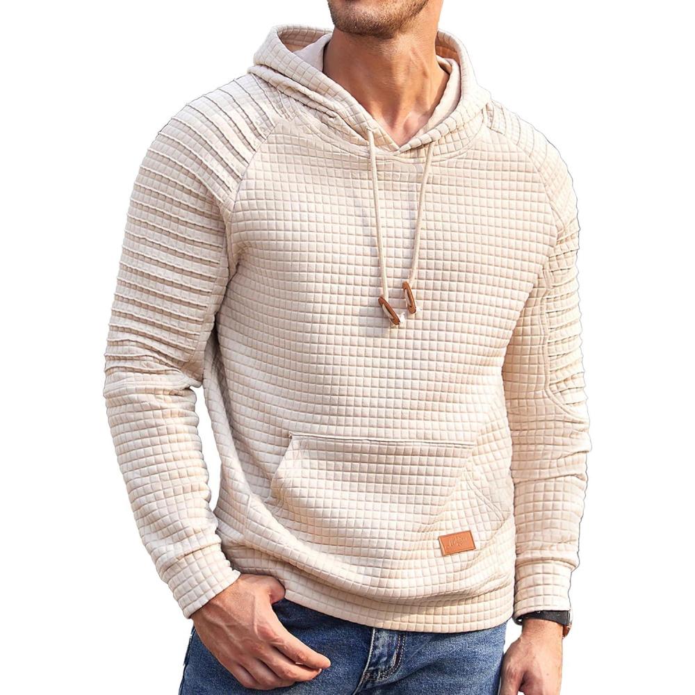 imageCOOFANDY Mens Hoodies Pullover Casaul Long Sleeve Drawstring Waffle Knit Hooded Sweatshirt with Kanga PocketLight Khaki