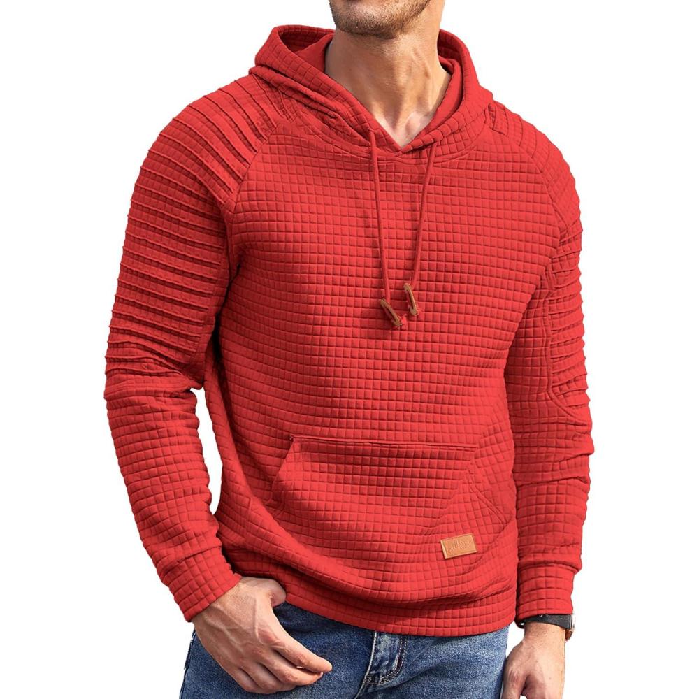 imageCOOFANDY Mens Hoodies Pullover Casaul Long Sleeve Drawstring Waffle Knit Hooded Sweatshirt with Kanga PocketRed