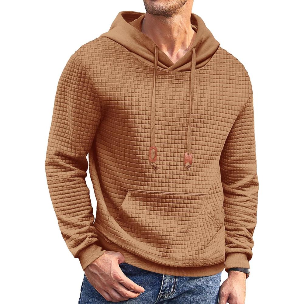 imageCOOFANDY Mens Hoodies Sweatshirts Long Sleeve Fashion Waffle Knit Pullover Hoodie with PocketLight Coffee
