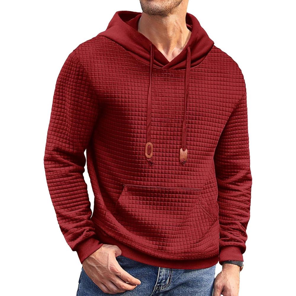 imageCOOFANDY Mens Hoodies Sweatshirts Long Sleeve Fashion Waffle Knit Pullover Hoodie with PocketRed