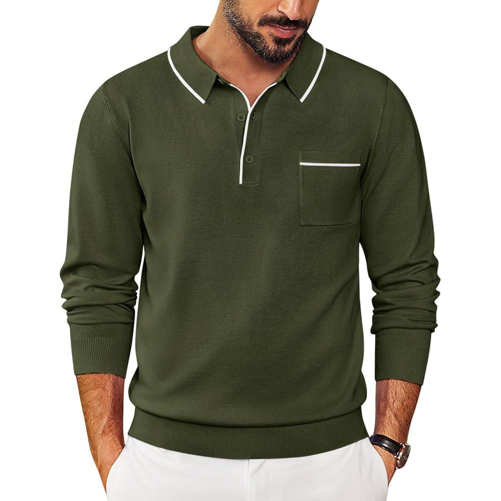 imageCOOFANDY Mens Knit Polo Long Sleeve Collared Sweater Polo Business Casual Polos with PocketArmy Green