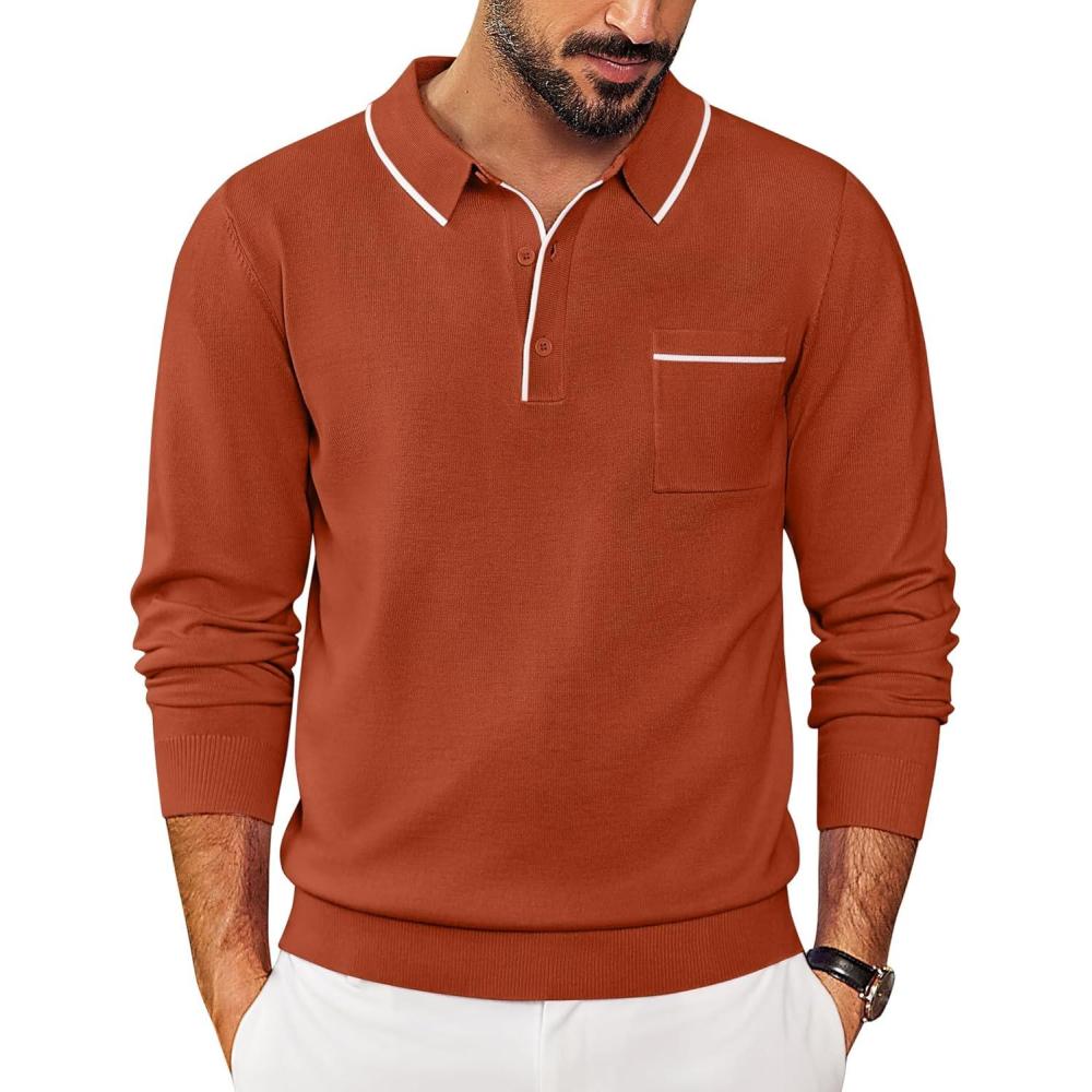 imageCOOFANDY Mens Knit Polo Long Sleeve Collared Sweater Polo Business Casual Polos with PocketBrown