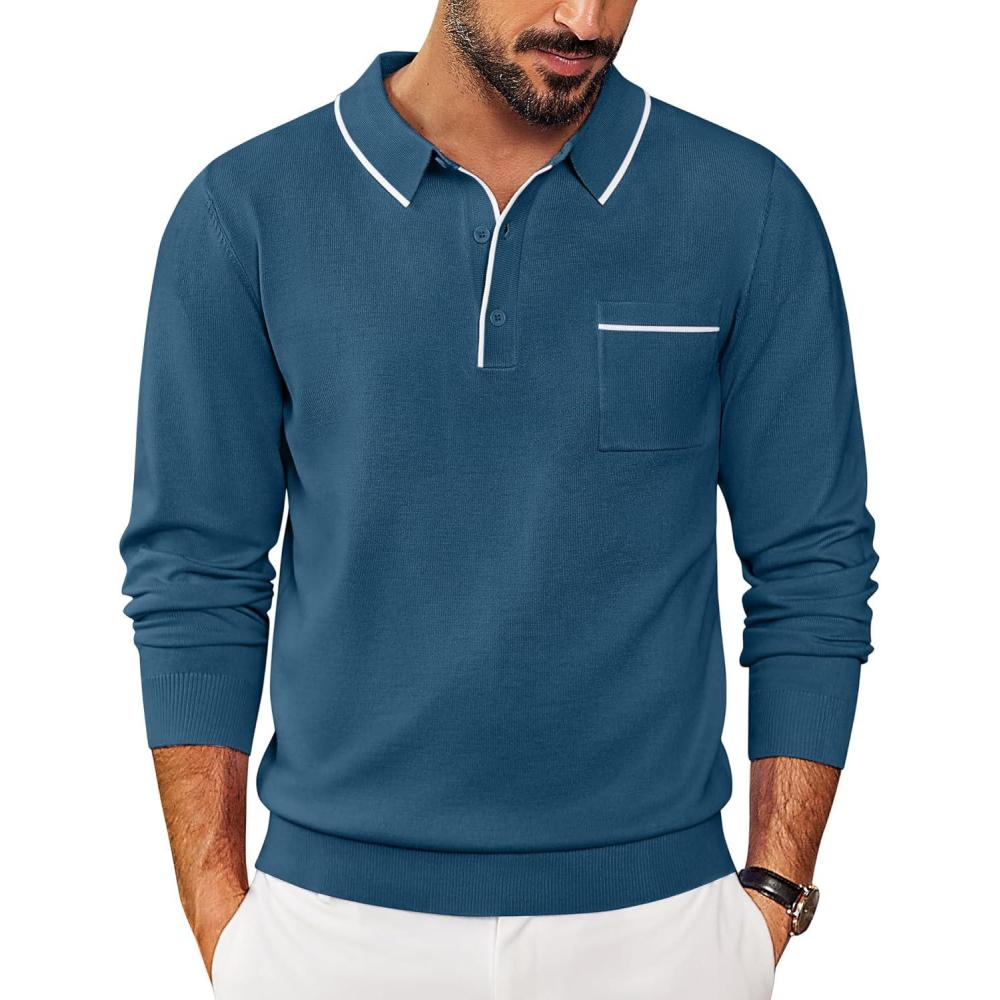 imageCOOFANDY Mens Knit Polo Long Sleeve Collared Sweater Polo Business Casual Polos with PocketDark Blue
