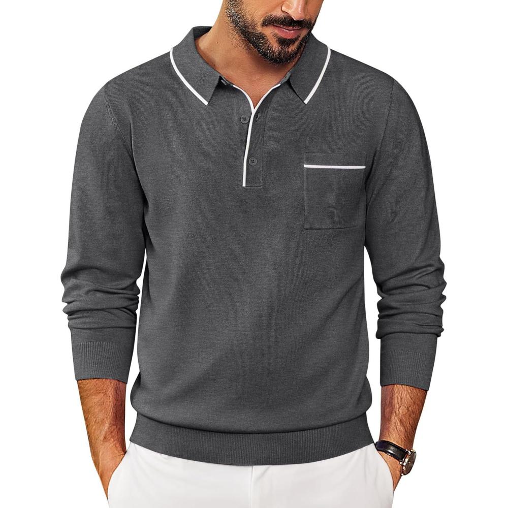 imageCOOFANDY Mens Knit Polo Long Sleeve Collared Sweater Polo Business Casual Polos with PocketDark Gray
