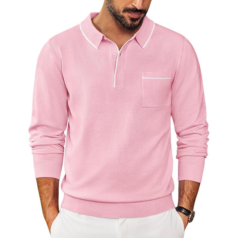 imageCOOFANDY Mens Knit Polo Long Sleeve Collared Sweater Polo Business Casual Polos with PocketDark Pink