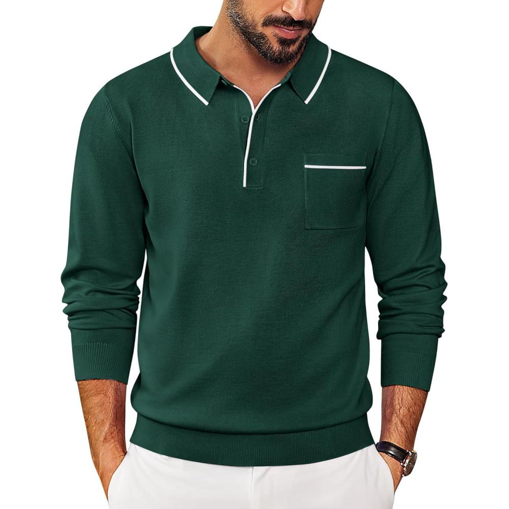 imageCOOFANDY Mens Knit Polo Long Sleeve Collared Sweater Polo Business Casual Polos with PocketGreen