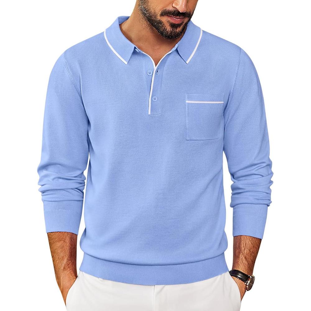 imageCOOFANDY Mens Knit Polo Long Sleeve Collared Sweater Polo Business Casual Polos with PocketLight Blue