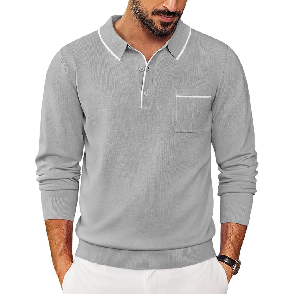 imageCOOFANDY Mens Knit Polo Long Sleeve Collared Sweater Polo Business Casual Polos with PocketLight Gray