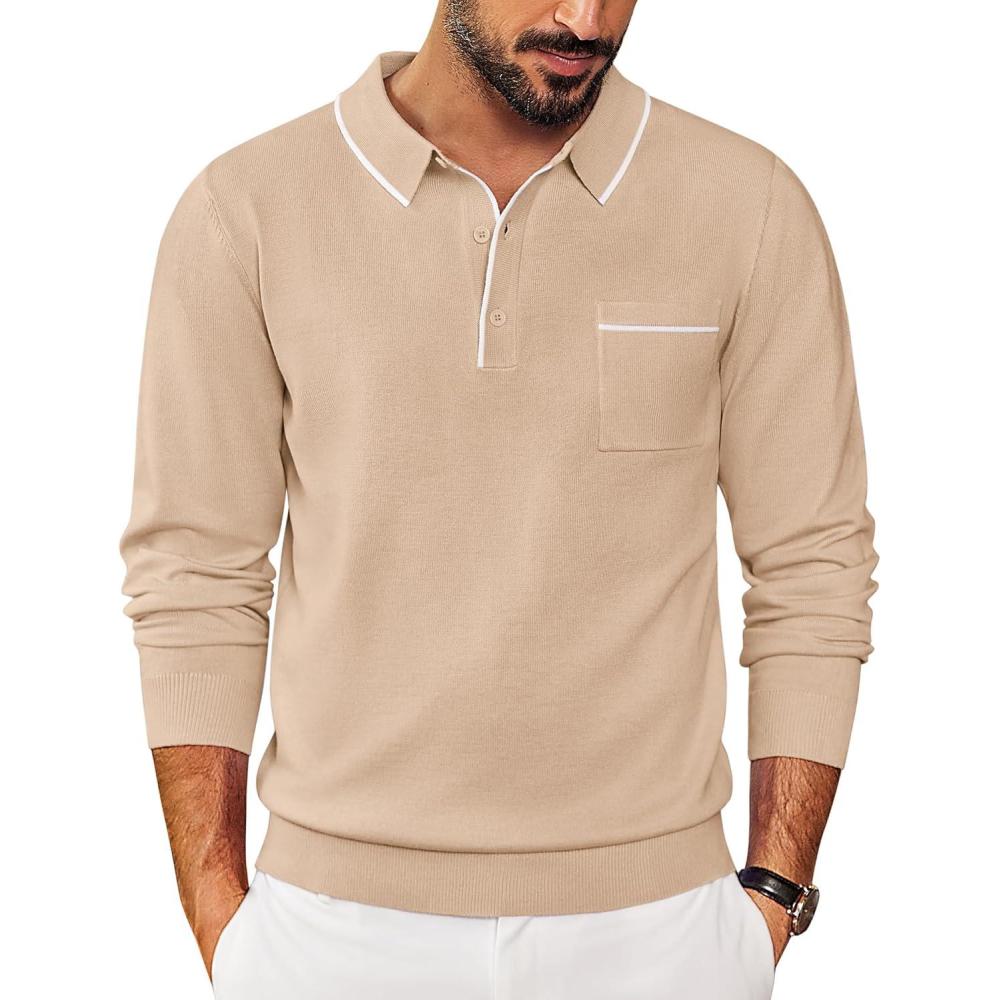 imageCOOFANDY Mens Knit Polo Long Sleeve Collared Sweater Polo Business Casual Polos with PocketLight Khaki