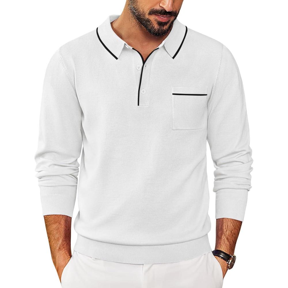 imageCOOFANDY Mens Knit Polo Long Sleeve Collared Sweater Polo Business Casual Polos with PocketWhite